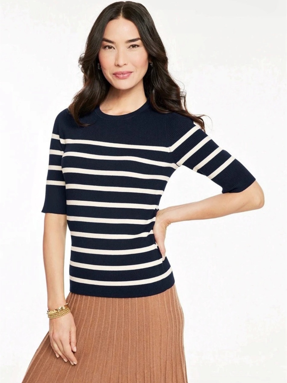 Talbots Elbow Sleeve Ribbed Crewneck Sweater Navy White Stripe Size M